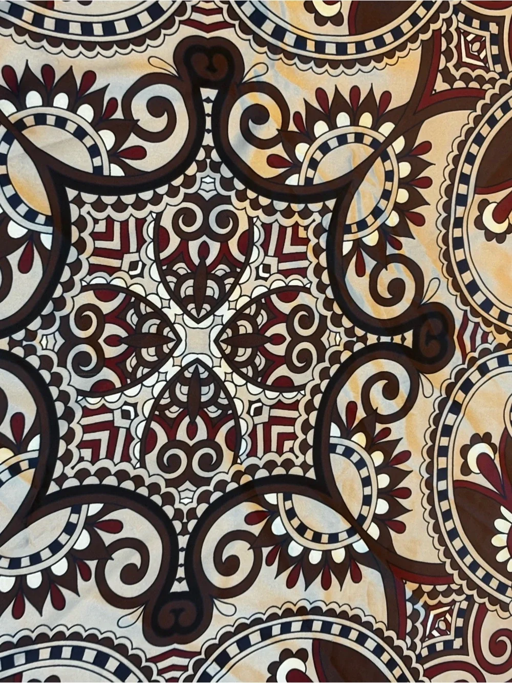 elegant brown, white, and burgundy silk scarf features an ornate floral